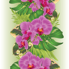 Floral vertical border seamless background with tropical flowers beautiful purple orchid, palm,philodendron and ficus vintage vector illustration  editable hand draw