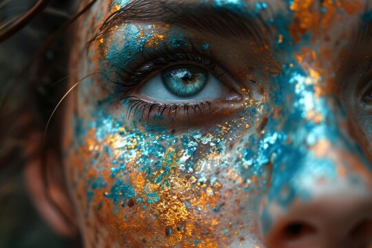 A close-up photo of a girl's eyes during Holi in India.