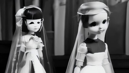 Scary eyeless porcelain vintage dolls moving, revealing a demonic one looking at the viewer. Halloween horror scene.
- Powered by Adobe