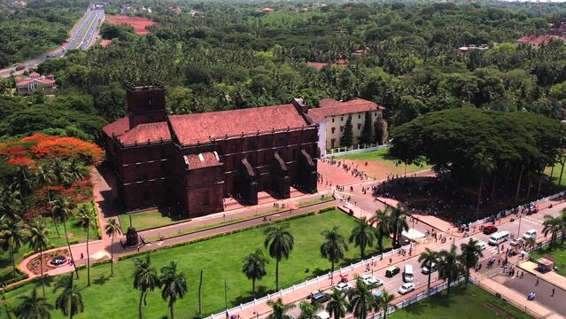 A beautiful drone shot of the Old Goa churches in Goa, India