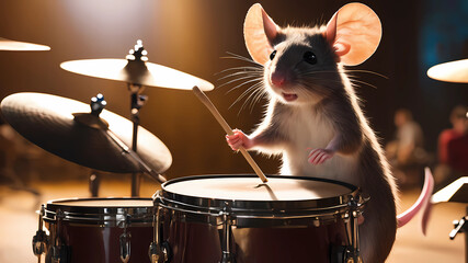 Fototapeta na wymiar A mouse playing drums, looking like a rock star