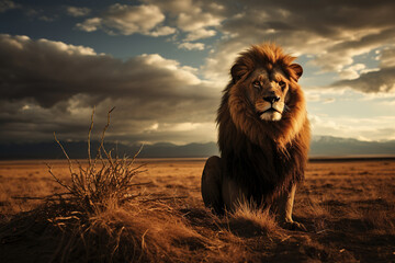 Portrait of an adult lion sitting in the savannah. Generated by artificial intelligence