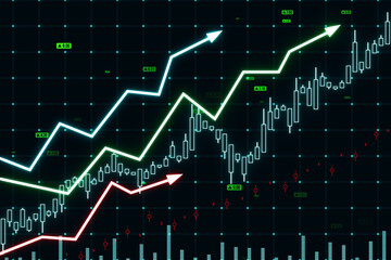 Growing upward arrows, map and forex chart on dark backdrop. Global trends, trading and finance concept. 3D Rendering.