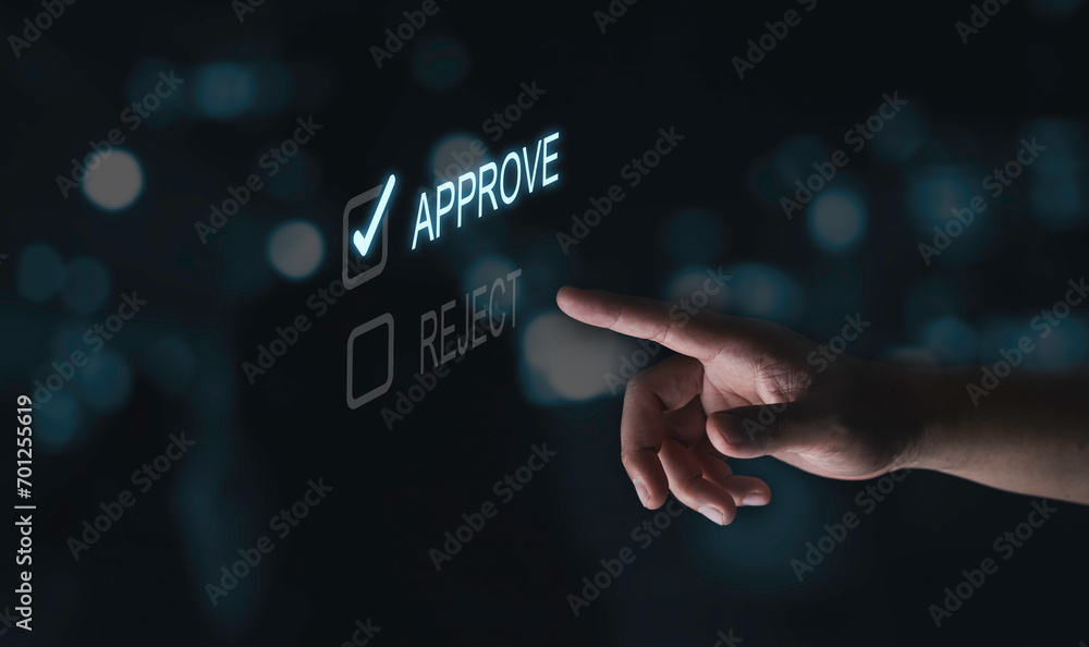 Fototapete Hand touching to tick correct sign mark symbol for project approval and document approve concept.