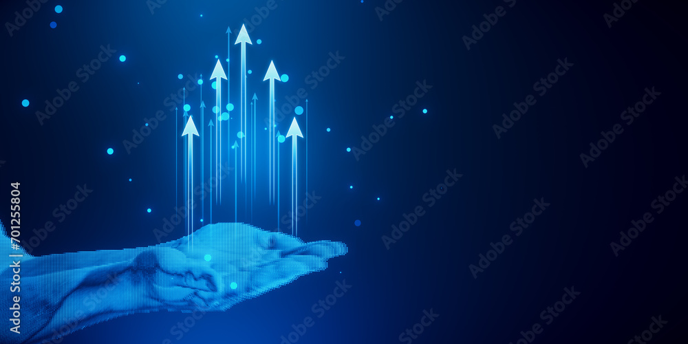 Poster Close up of pixel hands holding glowing digital upward arrows and bokeh circles on blue background. Mock up.