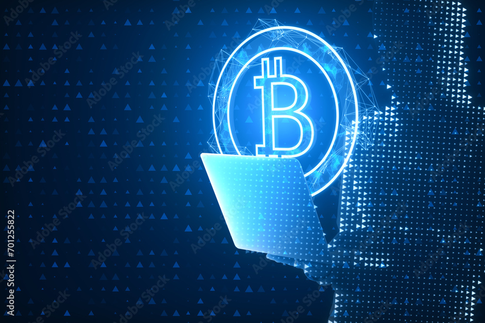 Aufkleber close up of pixel hand using laptop with abstract bitcoin hologram on blue background. cryptocurrenc
