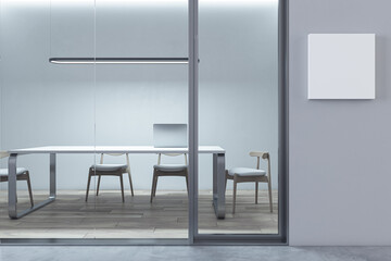 Modern light concrete and glass office box interior with small mock up banner on wall and wooden...