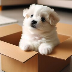 Cute fluffy white puppy sitting inside cardboard box looking up

 - obrazy, fototapety, plakaty
