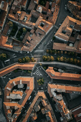 Aerial top down drone shot of an intersection with roman italian architecture in Verona, Italy