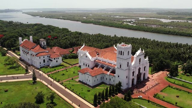 A beautiful drone shot of the Old Goa churches in Goa, India