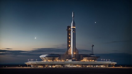 Fototapeta na wymiar Spaceport Launchpad: A futuristic spaceport with towering launch pads and spacecraft ready for takeoff. generative ai