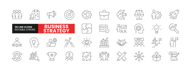 Set of 36 Business Strategy line icons set. Business Strategy outline icons with editable stroke collection. Includes Team, Brainstorming, Teamwork, Vision, Growth, and More. - obrazy, fototapety, plakaty