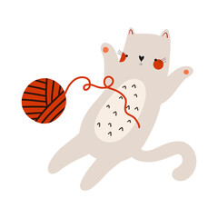 Flat illustration of a cat playing with a ball of thread. The cat is lying on its back. Cute children's illustration on an isolated background