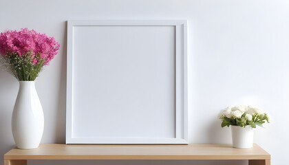Empty-horizontal-frame-mockup-in-modern-minimalist-interior-with-plant-in-trendy-vase-on-white-wall-background--Template-for-artwork--painting--photo-or-poster