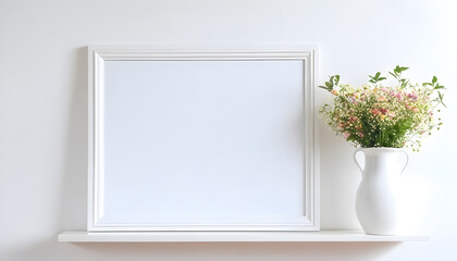 Empty-horizontal-frame-mockup-in-modern-minimalist-interior-with-plant-in-trendy-vase-on-white-wall-background--Template-for-artwork--painting--photo-or-poster