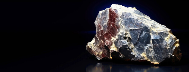 Althausite is a rare precious natural stone on a black background. AI generated. Header banner mockup with space.