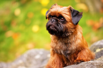 Purebred purebred beautiful dog breed Brussels Griffon, background nature.