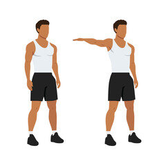 Man doing single arm side or lateral raises exercise. Flat vector illustration isolated on white background