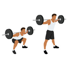 Fototapeta na wymiar Man doing wide stance sumo barbell squats exercise. Flat vector illustration isolated on white background