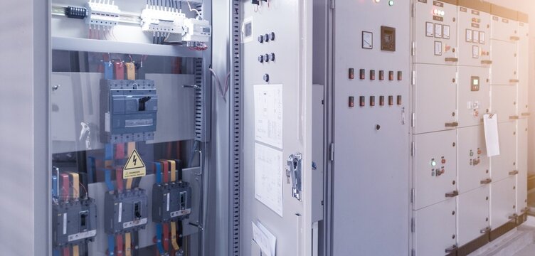 Main breaker on the distribution panel control,Electrical switch gear at Low Voltage power control center cabinet in coal power plant.
