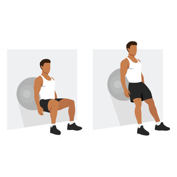Man doing Stability or Swiss ball wall squat exercise. Flat vector illustration isolated on white background