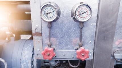 High Low Pressure gauges mounted on the plate .Measuring instruments for refrigerant pressure...
