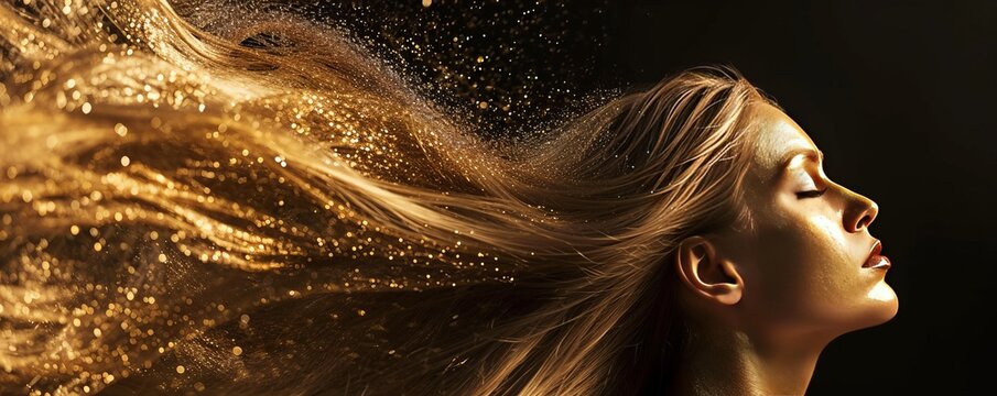 Close-up profile fashion portrait of beautiful young woman with her skin and hair dyed gold. Seductive female model with long flowing hair and magical golden glow. Isolated on black background.