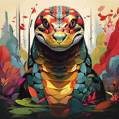 A colorful head of a anaconda surrounded by a colorful abstract design, leaves and forest.