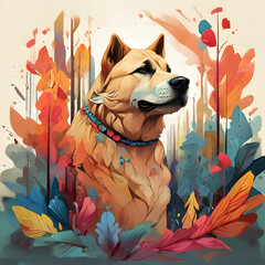 A colorful head of a dog surrounded by a colorful abstract design, leaves and forest.