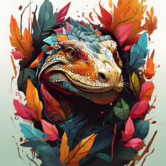 A colorful head of a Comodo surrounded by a colorful abstract design, leaves and forest.