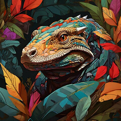 A colorful head of a Comodo surrounded by a colorful abstract design, leaves and forest.