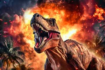 Naklejka premium A terrible dinosaur Tyrannosaurus T-rex with an open huge mouth against a background of fire and smoke in the burning primeval jungle. Death of the dinosaurs.