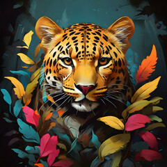 A colorful head of a leopard surrounded by a colorful abstract design, leaves and forest.
