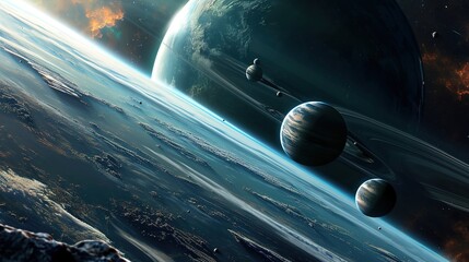 Deep space planets, awesome science fiction wallpaper, Cosmic landscape. Background for computer games, Banner