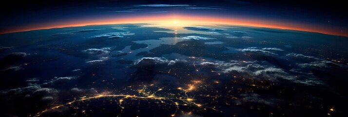 Earth as seen from space, where glowing city lights blend with celestial radiance and wisps of light clouds. - obrazy, fototapety, plakaty
