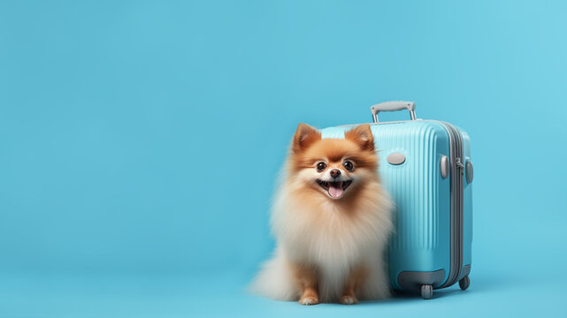 Cute Pomeranian dog with little suitcase on light blue background in the studio. Pet vacation and summer travel concept. Copy space. Generative ai.