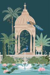 Indian mughal garden with peacock, plants, temple, swan, lake and lotus illustration for invitation