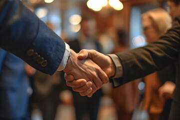 Business people at a presentation shake hands, ending the meeting. Business concept.