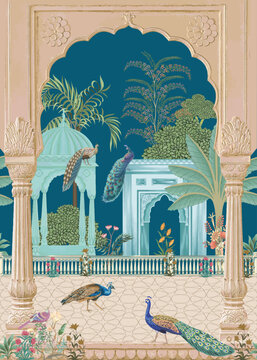 Indian Mughal garden, arch, peacock, bird, plant vector illustration for wallpaper mural art