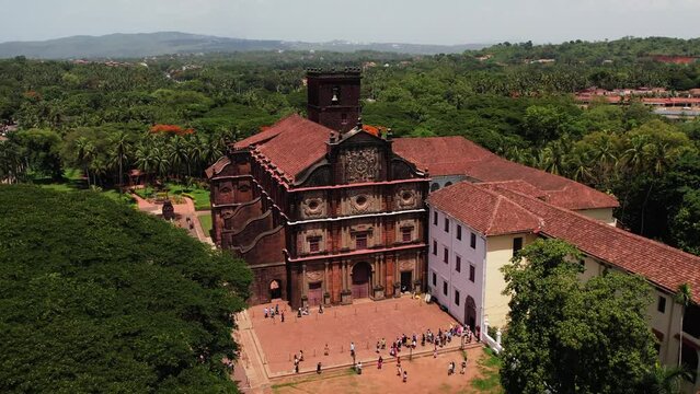 A beautiful drone shot of the Old Goa churches in Goa, India