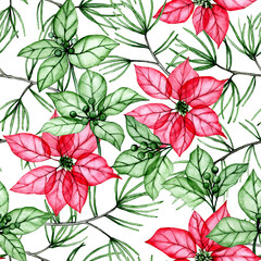 watercolor drawing, Christmas decoration seamless pattern with transparent flowers, x-ray. poinsettia flowers, holly leaves and spruce branches. Winter print for New Year, Christmas