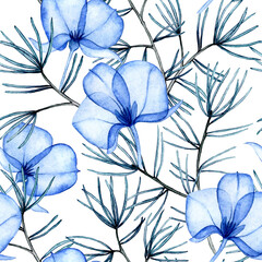 watercolor drawing, Christmas decoration seamless pattern with transparent flowers, x-ray. blue flowers and spruce branches. Winter print for New Year, Christmas