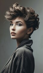 Close-up profile portrait of a young Caucasian woman with short brown hair. Attractive female model with trendy hairstyle and perfect makeup looking over her shoulder. Isolated on grey background.
