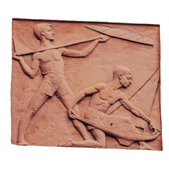 Stone bas relief with kids isolated PNG photo with transparent background.