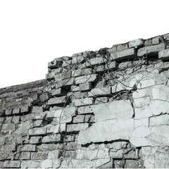 Ancient brick wall monochrome isolated PNG photo with transparent background.