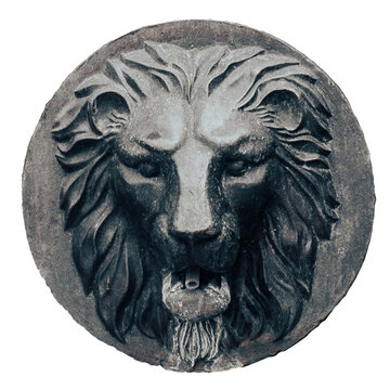 European figure relief metal bronze lion head isolated PNG photo with transparent background.