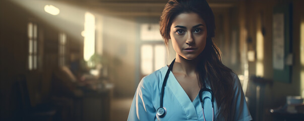 A portrait of a young confident female doctor with stethoscope. - obrazy, fototapety, plakaty