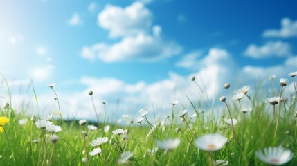 Spring field with a grass and wild flowers under cloudy blue sky. AI generative