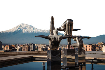 Cityscape with mountain view and fountain isolated PNG photo with transparent background.