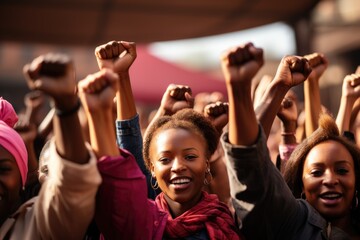 Fototapeta premium Black women with raised arms on street against